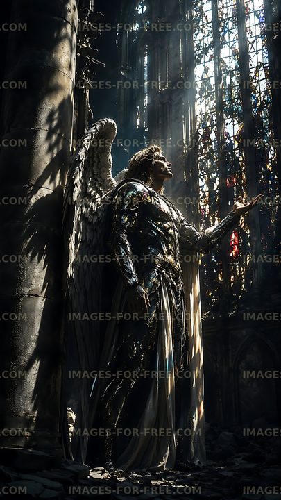 Angelic figure in a ruined cathedral with broken stained glass