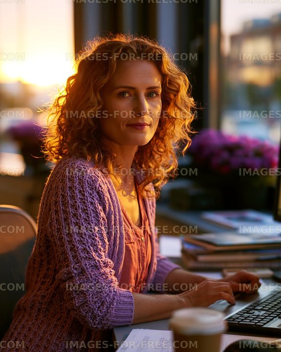 Woman working at a desk during sunset in an office