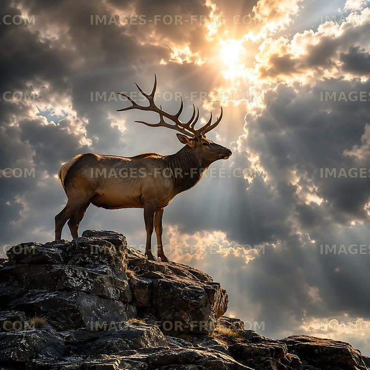 Elk standing on rocks under sunlight and cloudy sky