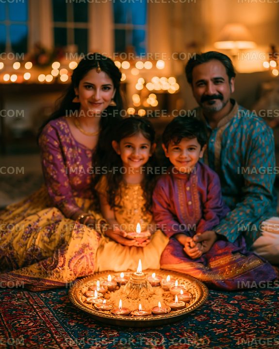 Family celebration during festival with candles and decorations