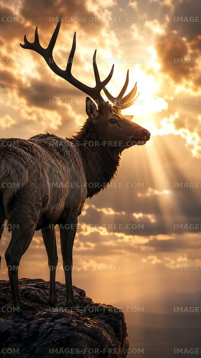Stag standing on rock against sunset sky with light rays