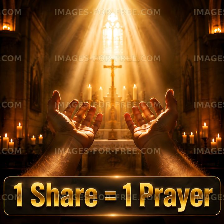 Hands raised in a church with candles and a cross in the background