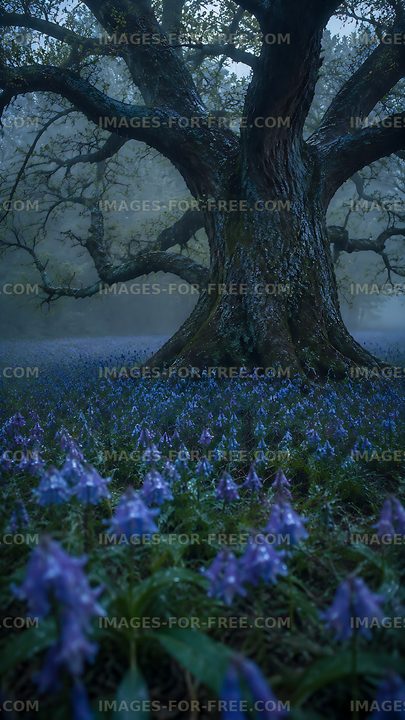 Large tree surrounded by blue flowers in misty forest
