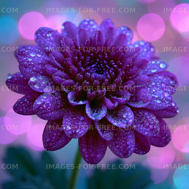 Purple flower with water droplets and colorful bokeh background