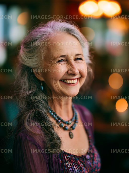 Smiling woman with silver hair in a colorful setting