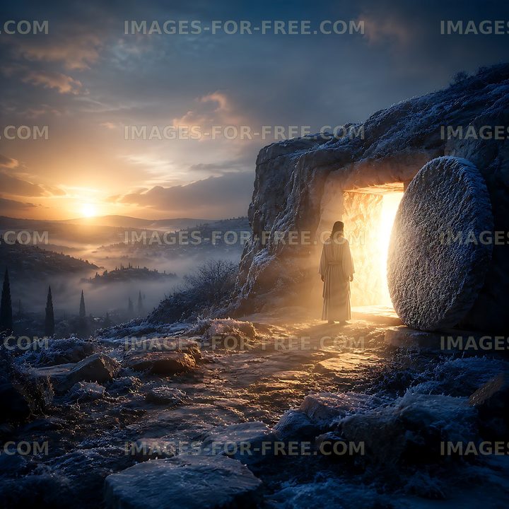 Light shines from an open tomb at dawn