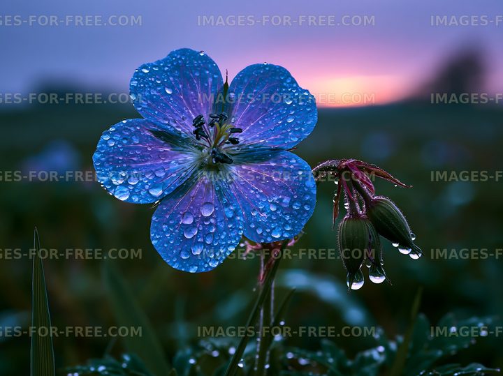 Blue flower with water droplets in a field at sunset