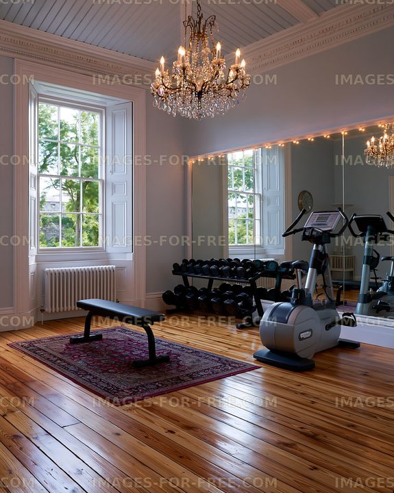 Modern gym interior with exercise equipment and chandelier