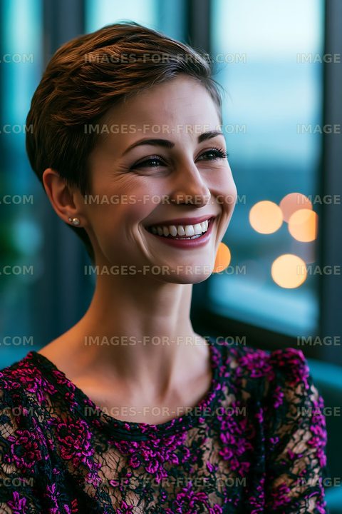 Woman smiling in a modern indoor setting with city lights behind