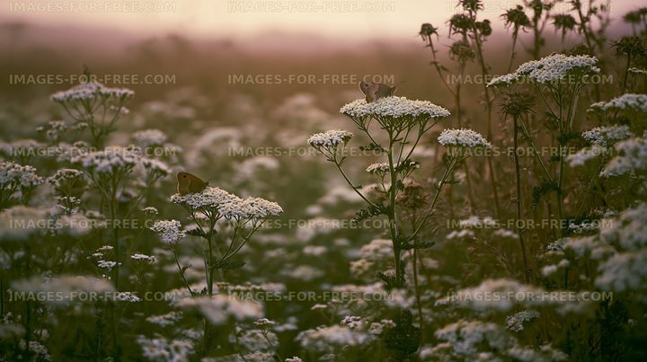 Butterflies resting on white flowers at sunset