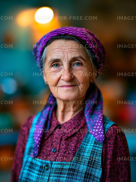 Elderly woman wearing a scarf in traditional attire