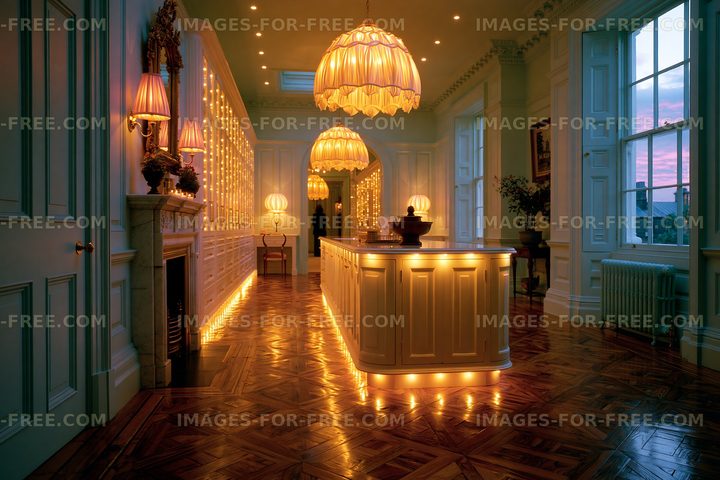 Warmly lit hall with elegant lamps and wooden floor
