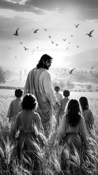 Jesus walking with children in a wheat field