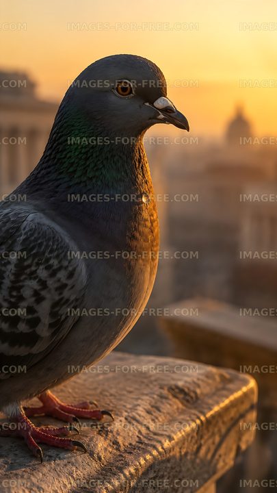 Pigeon standing on a ledge at sunset in a city