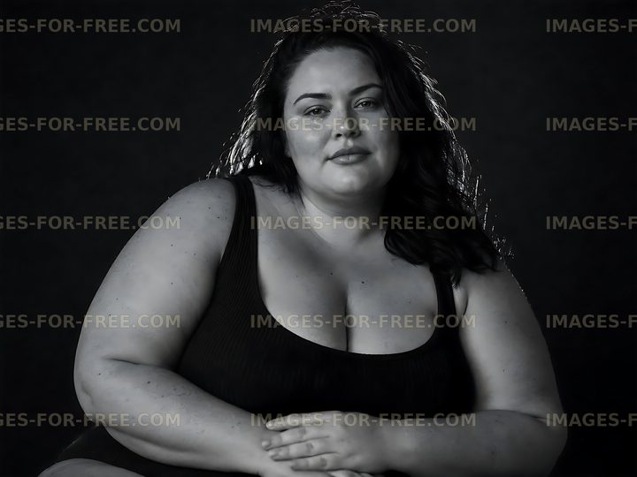 A woman sits calmly, wearing a black swimsuit