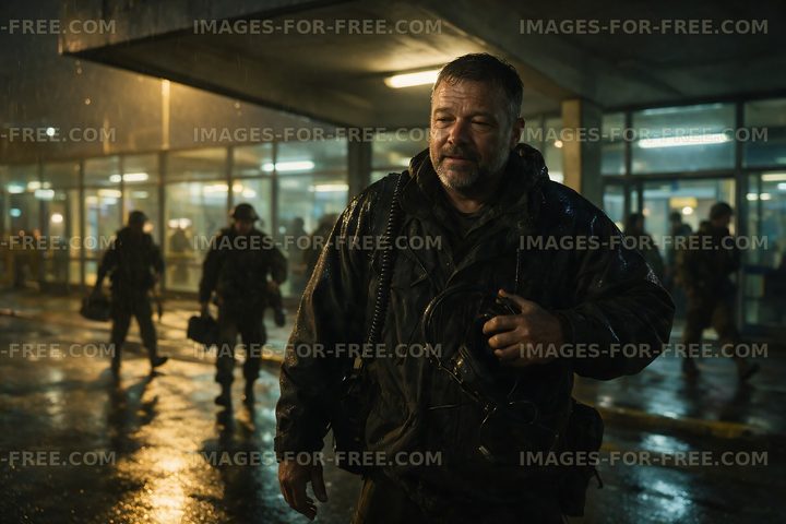 Man in rain-soaked jacket during night scene with soldiers