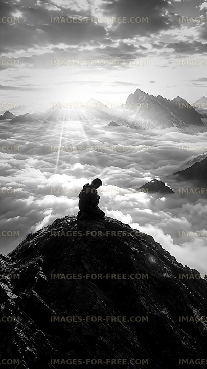 Man sitting on a mountain peak above the clouds at sunrise