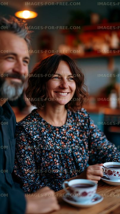 Couple enjoying coffee together in a cozy cafe setting