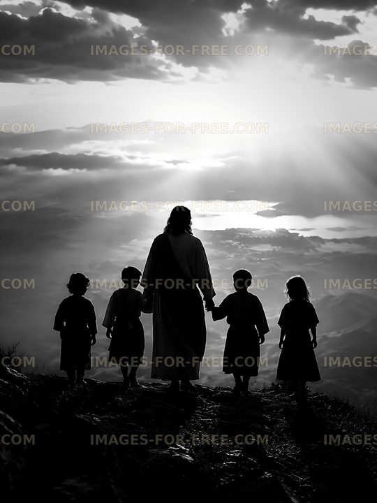 Silhouette of a figure and children against a cloudy sky