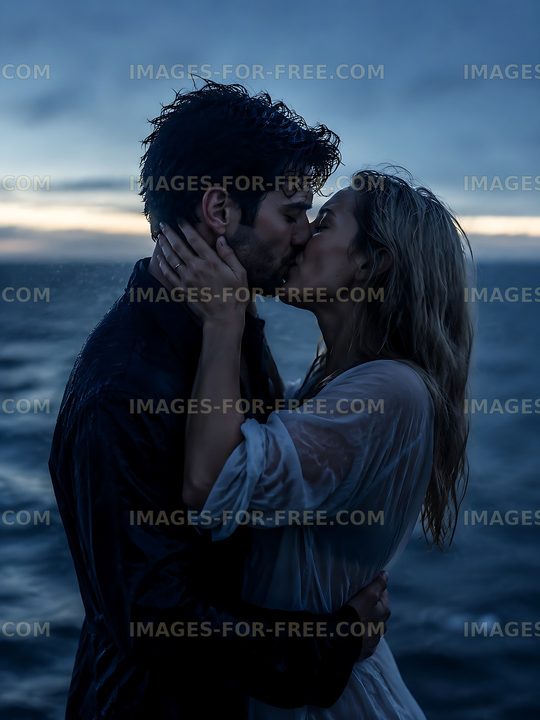 Couple kisses on a shoreline during a stormy evening