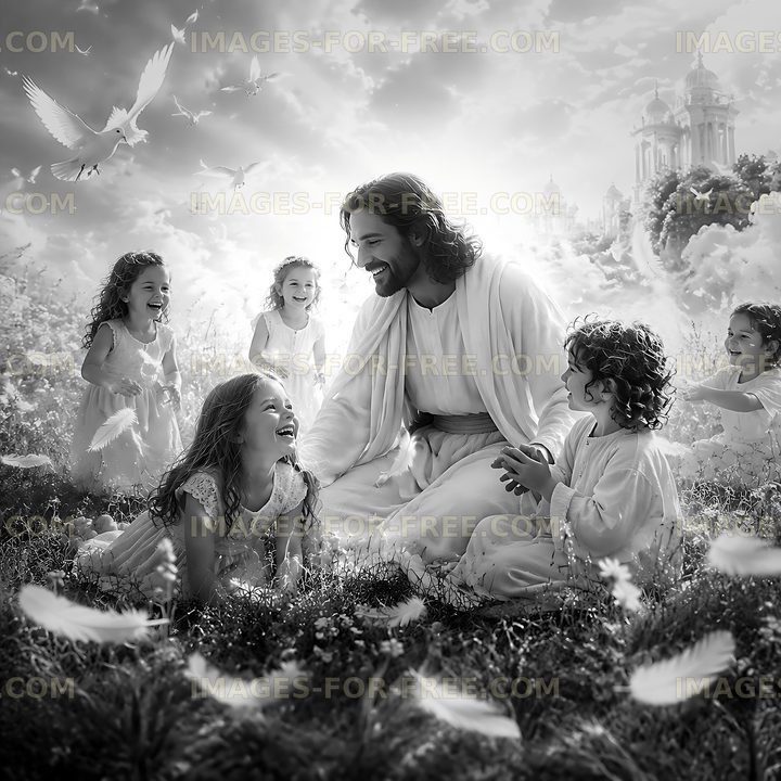 Children playing with Jesus in a serene garden setting