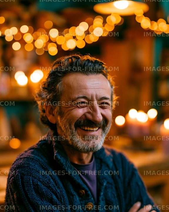 Man smiling in cozy setting with warm lights