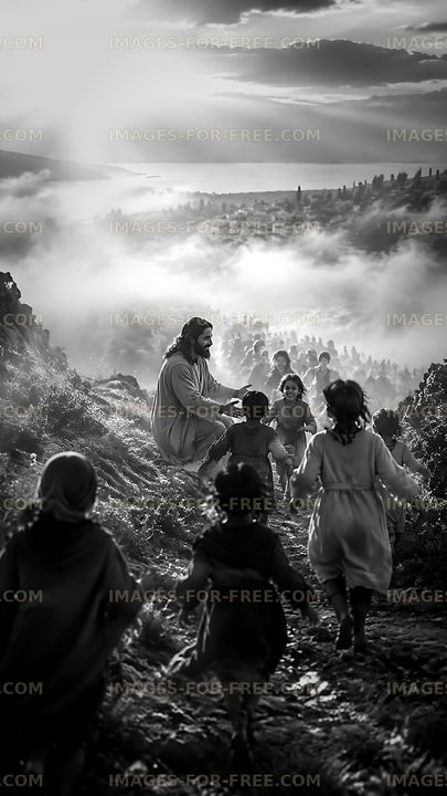 Children running towards a figure on a hillside