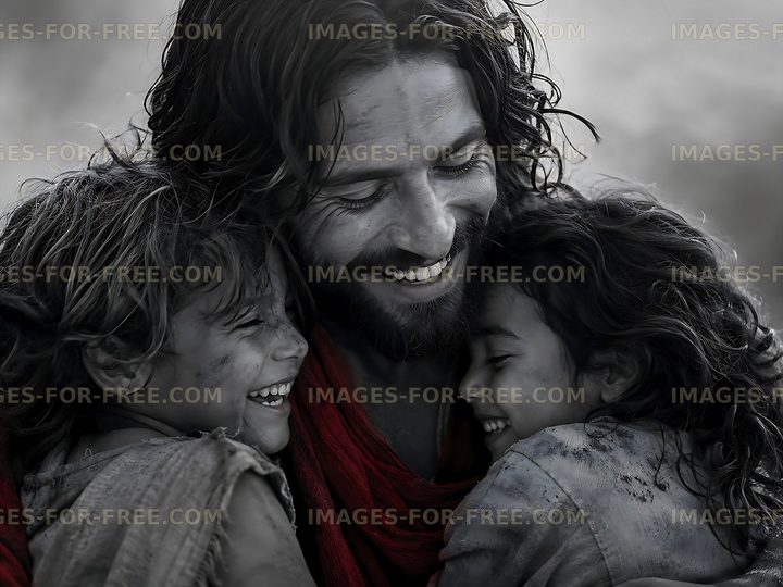 Father hugs children with smiles in a dusty outdoor setting