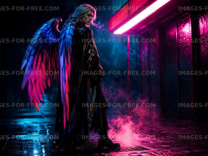 Young person with wings standing in neon light at night