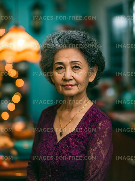 Older woman in purple attire poses in a well-decorated room