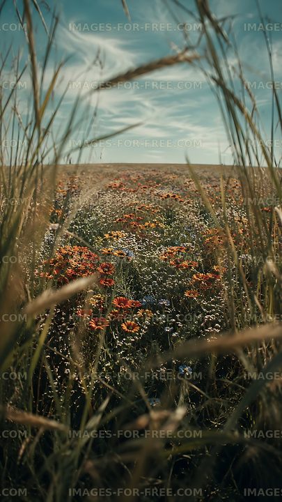 Colorful wildflowers in a field under a blue sky