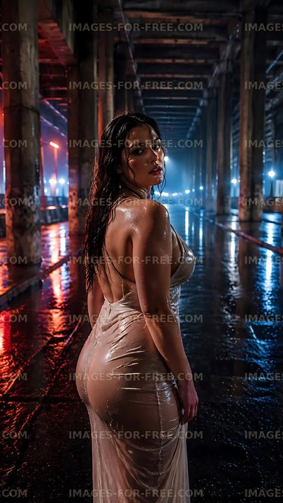 Woman in wet dress stands in urban setting at night