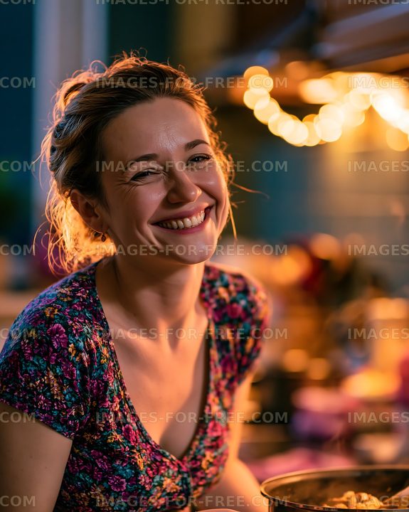 Smiling woman cooking in a warm kitchen setting