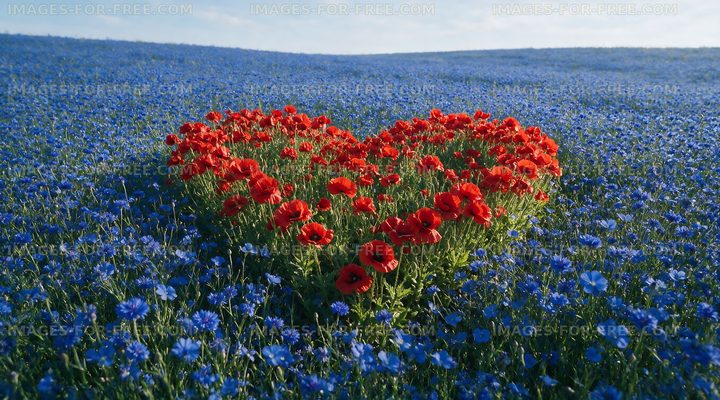 Red flowers in heart shape surrounded by blue flowers