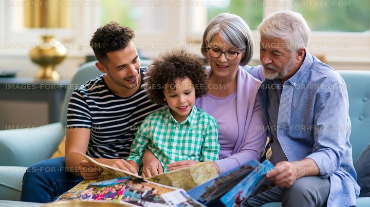 Family enjoying time together while looking at photo albums