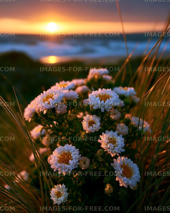 Flowers against sunset at the beach