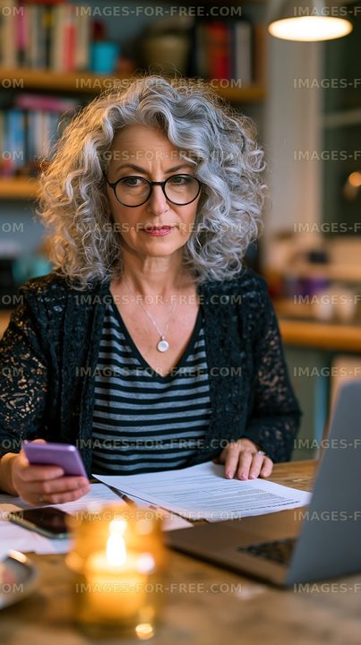 Woman working on documents at a table with a laptop and phone