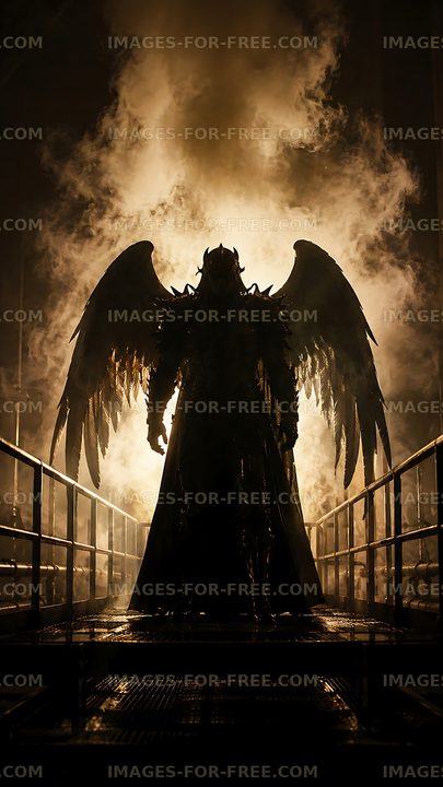 Dark figure with wings in smoke and mist
