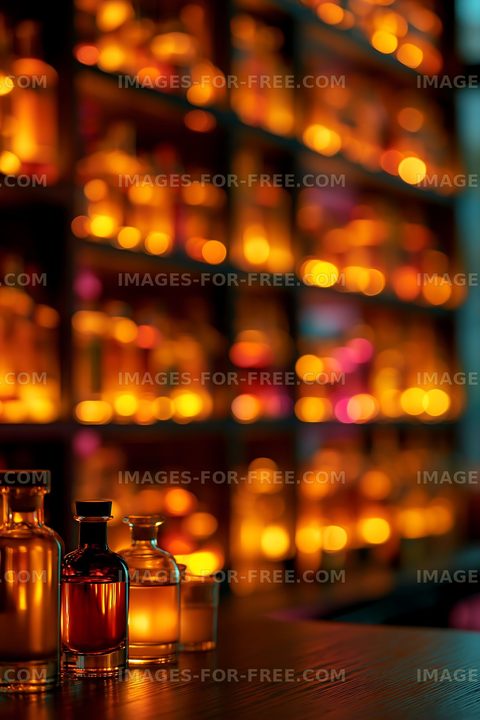 Warm light shines through glass bottles on a bar shelf