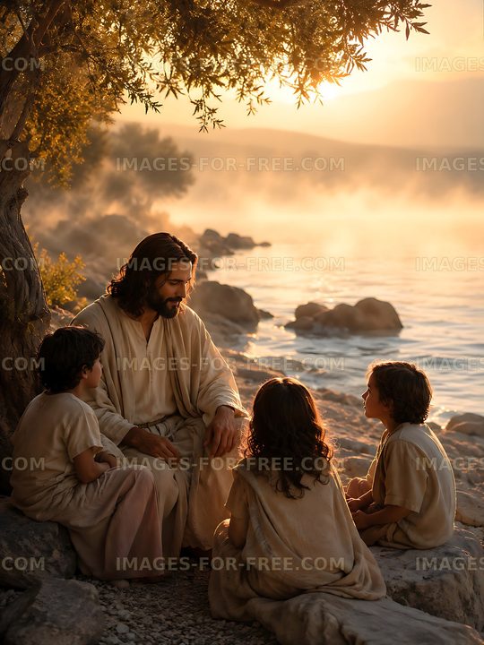 Children listen to a teacher by the water at sunset