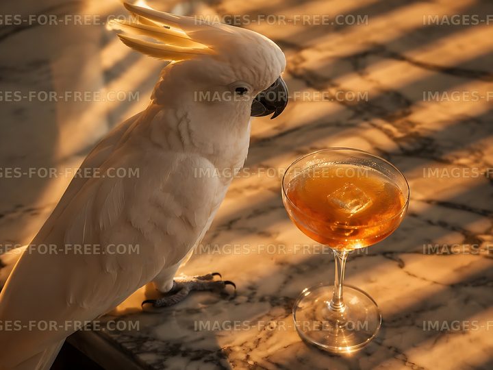 Cockatoo next to a drink on a marble table