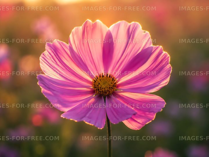 Pink flower with sunlight in a field during sunset