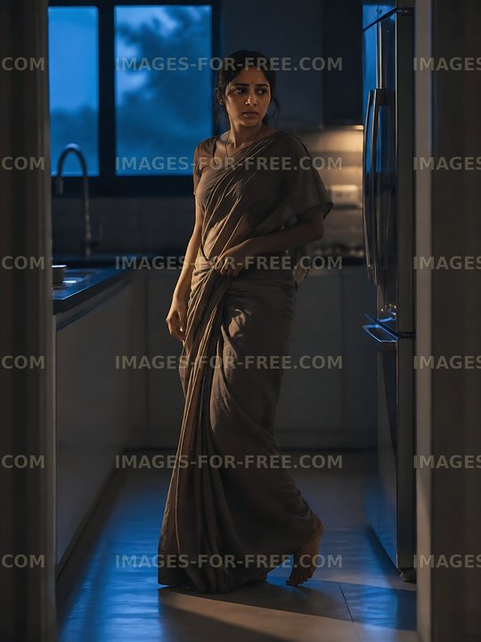 Woman in a sari walking through a dimly lit kitchen