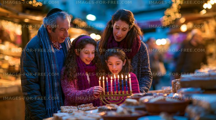 Family celebrating a holiday at a market with candles