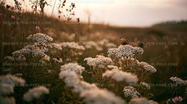 Butterflies flying over wildflowers during sunset