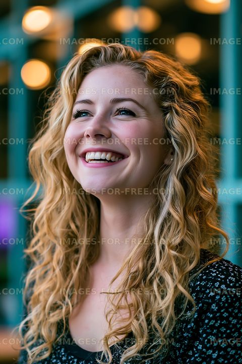 Woman with curly hair smiling in a cafe setting