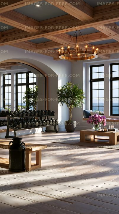 Modern interior gym with natural light and fitness equipment