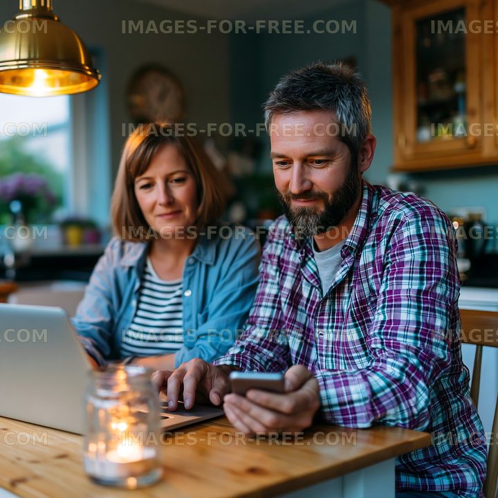 Couple using laptop and smartphone at home in evening