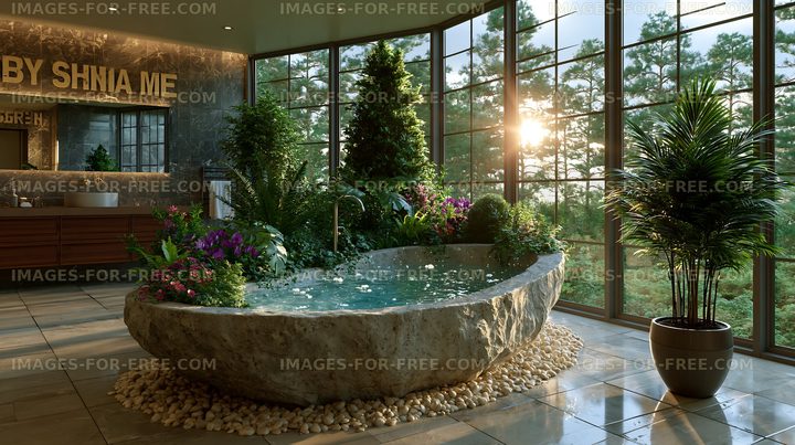 Indoor spa area with stone bathtub and large windows