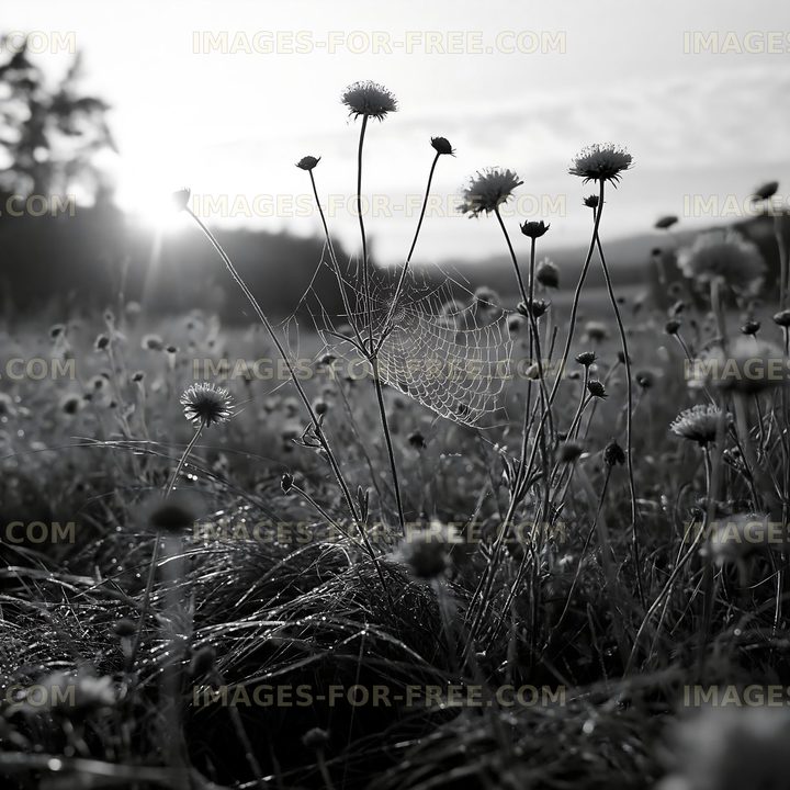 Morning light over wildflowers and spider web